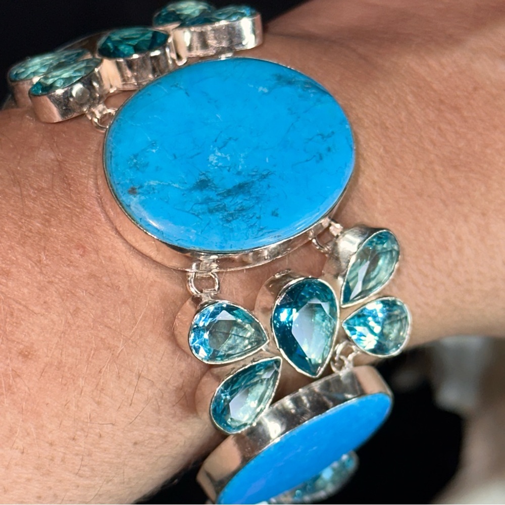 Vibrant Turquoise + Blue Quartz cluster statement cuff bracelet